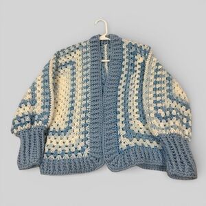 Vintage Crochet Hexagon handmade baby blue cardigan balloon sleeves one size